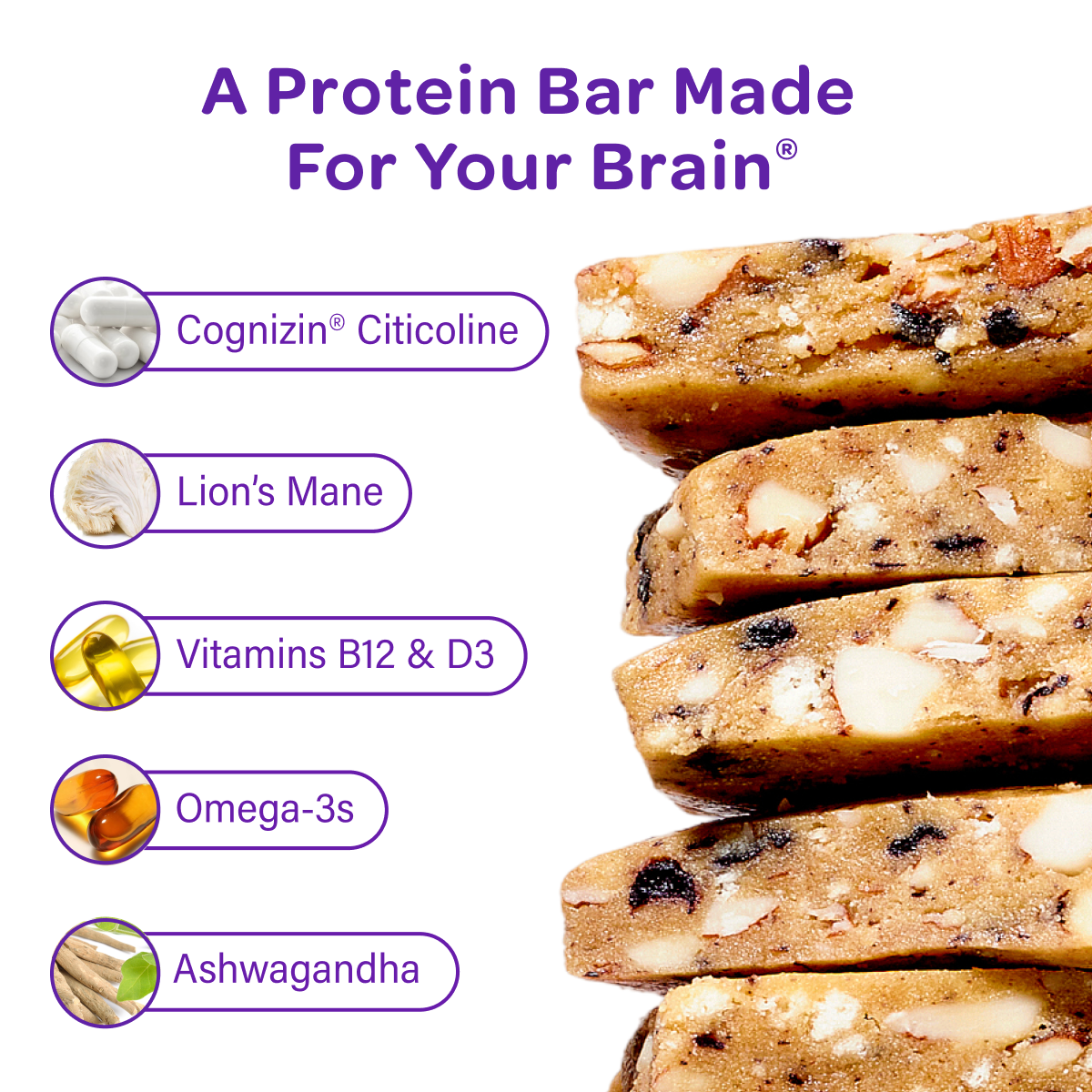 Mosh protein bar pieces with supplement icons: Cognizin, Lion's Mane, Omega-3s