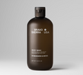 Dark brown body wash bottle with black cap; Mandarin & Moss scent.
