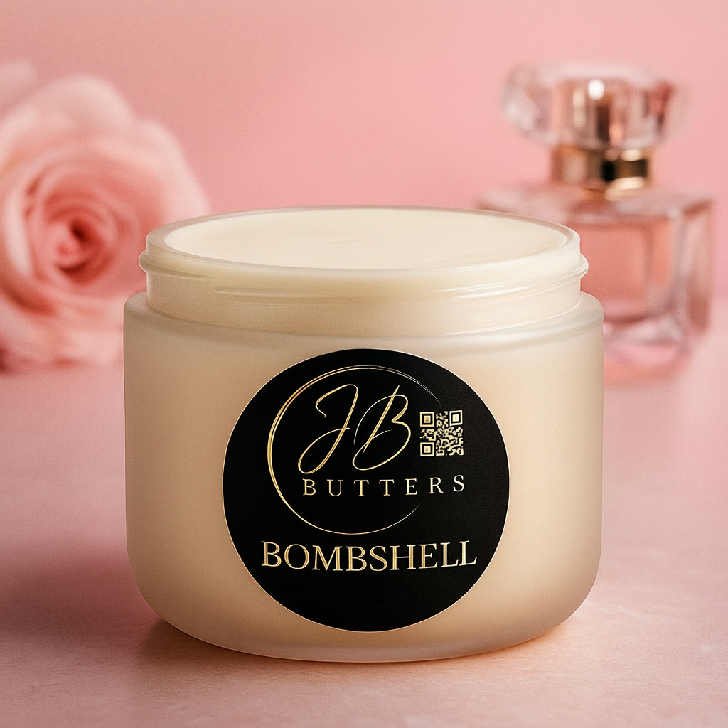 Bombshell scented body butter jar, cream-colored plastic with white lid and black label.