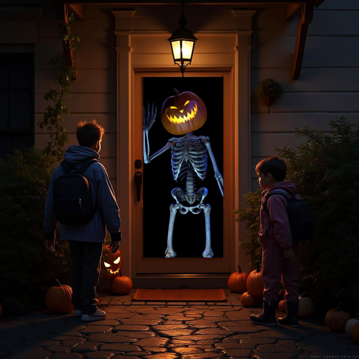 Halloween skeleton projection in doorway with glowing jack-o-lanterns
