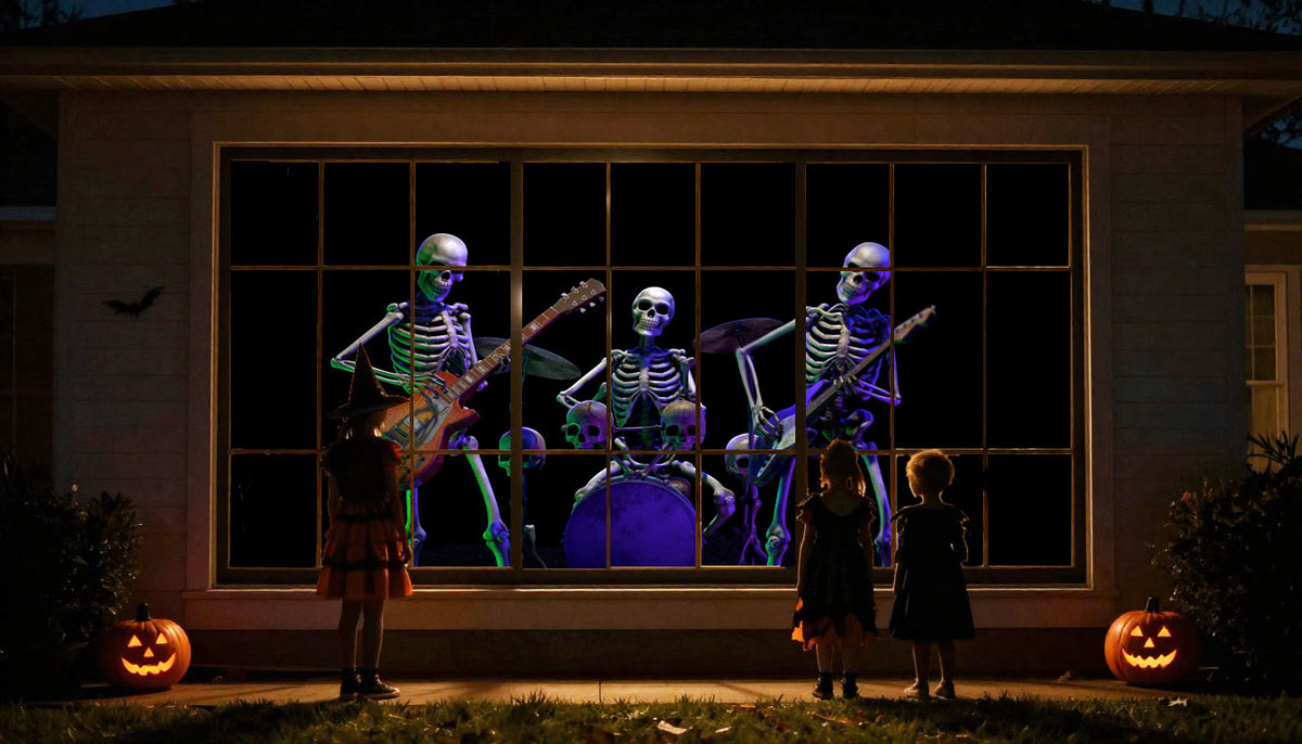 Halloween skeleton rock band projection on window