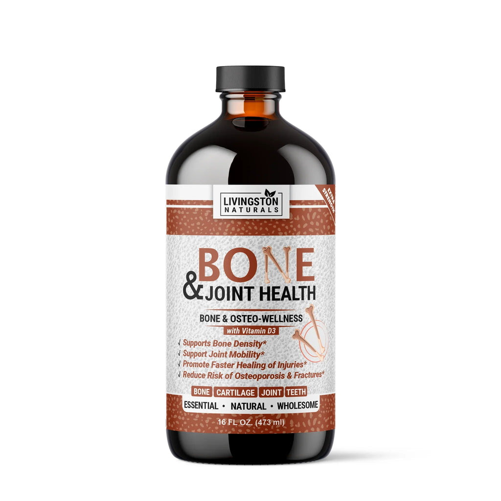 Amber bottle of organic herbal bone and joint support supplement, front label view