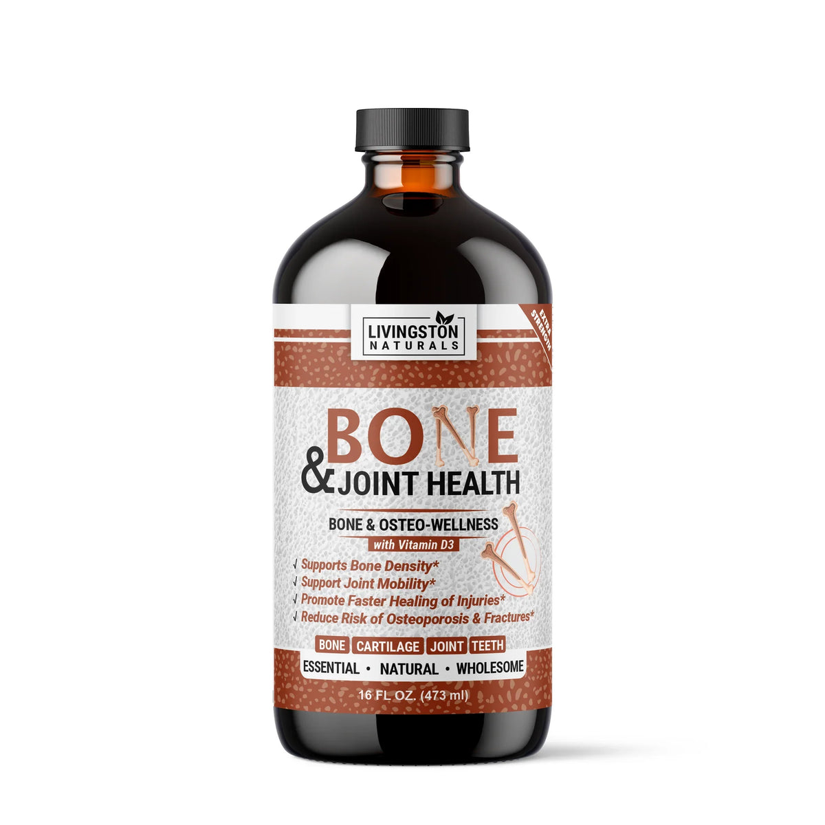 Amber bottle of organic herbal bone and joint support supplement, front label view