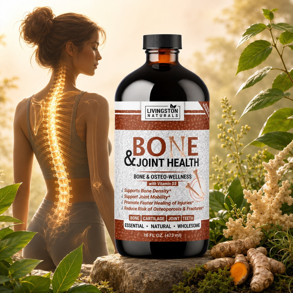Organic herbal bone and joint support supplement in an amber bottle with a front label