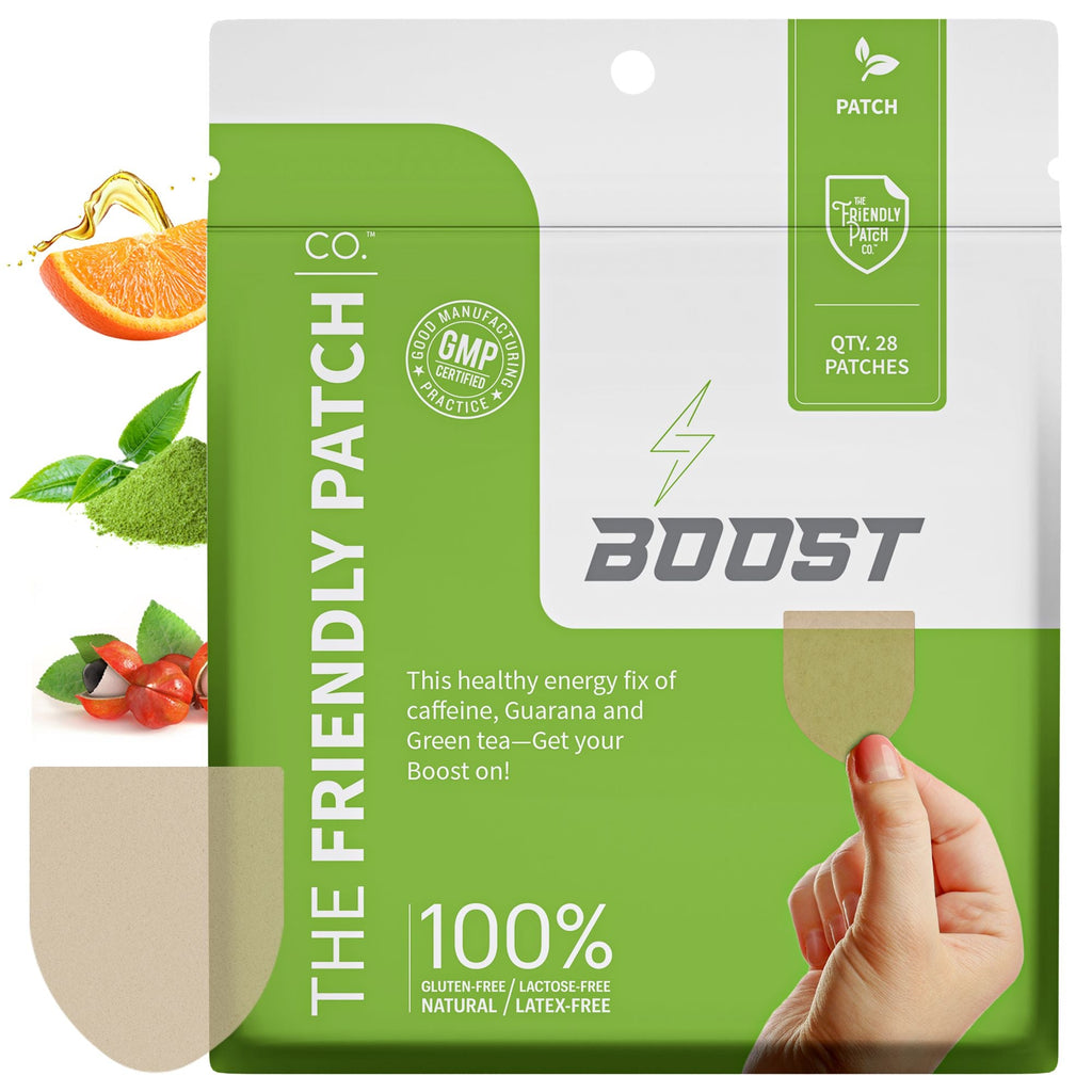 Green and white BOOST patch pack with THE FRIENDLY PATCH logo and 28 patches badge