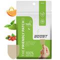 Green energy patch pouch with Boost branding, held by hand