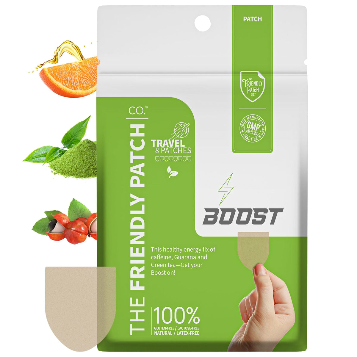 Green energy patch pouch with Boost branding, held by hand