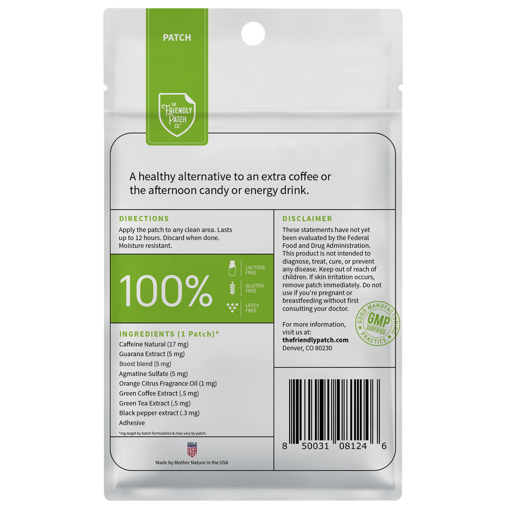 Back of green Boost energy patch pouch with ingredients and barcode