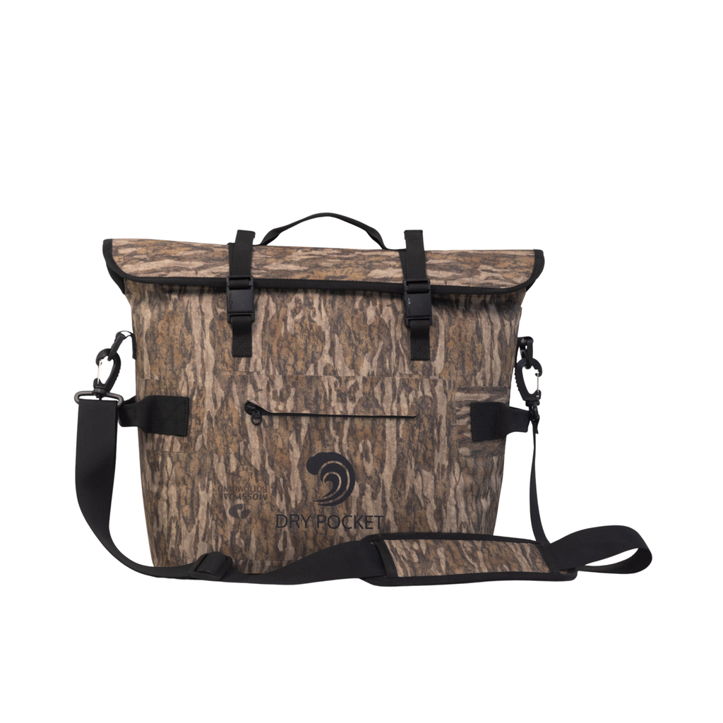 Waterproof floating cooler bag in brown/tan camo with front pocket flap and shoulder straps