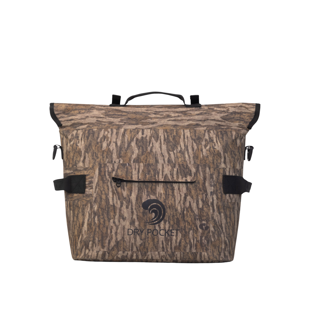 Waterproof floating cooler bag with top handle and front pocket, Bottomland camo print