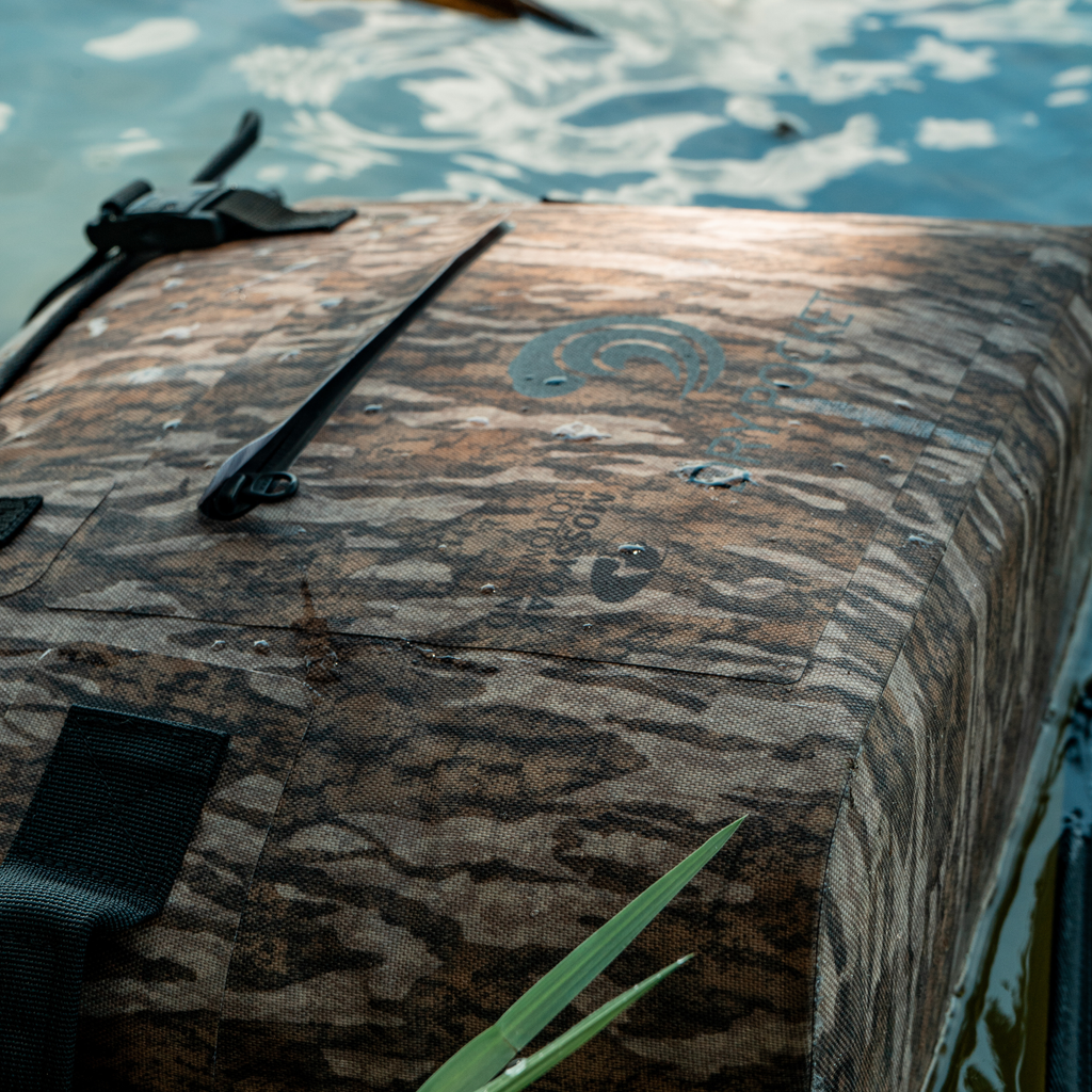 Bottomland camo floating cooler bag lid with carry handle and camo fabric texture