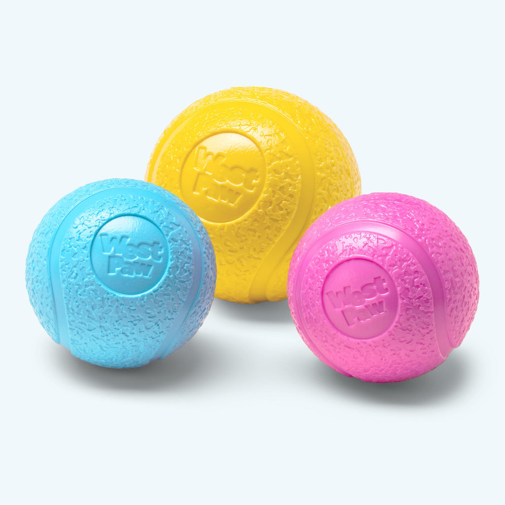 Set of textured dog chew balls: aqua, yellow, and pink with embossed logos.