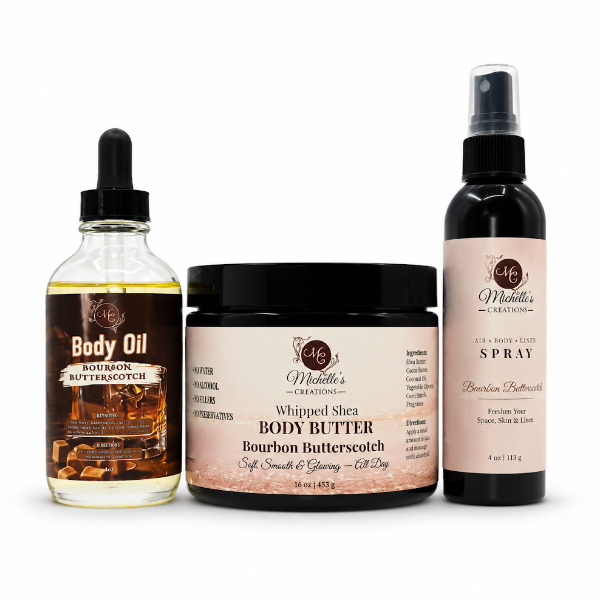 Body oil, whipped shea body butter, and body mist spray set—Bourbon Butterscotch