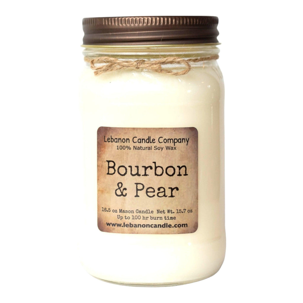 Bourbon & Pear soy wax candle, clear glass jar with black lid and twine label