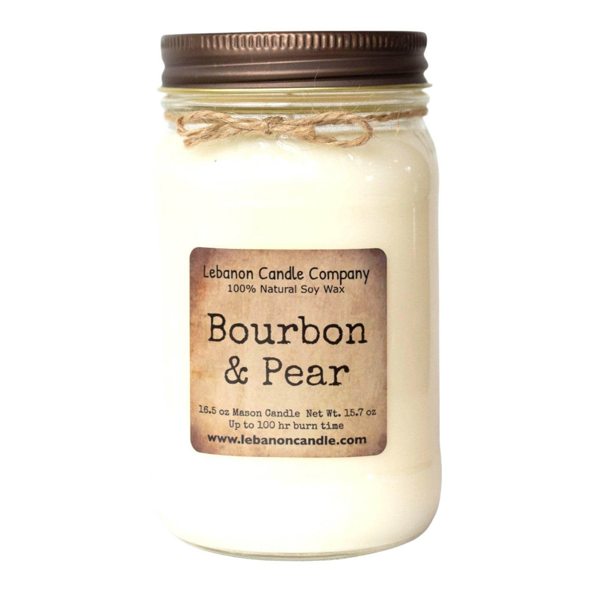 Bourbon & Pear soy wax candle, clear glass jar with black lid and twine label