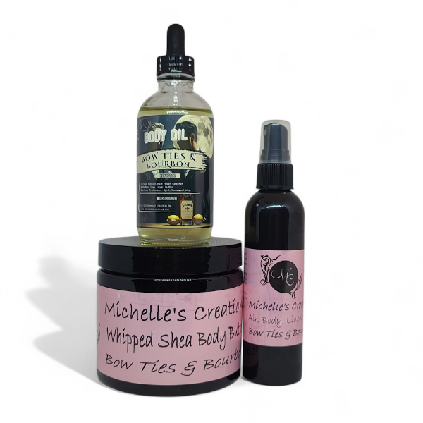 Bow Ties & Bourbon body oil, whipped body butter jar, and air-body spray (3-piece)