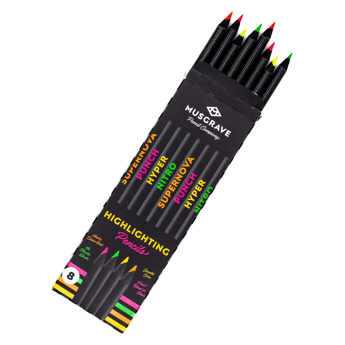 Pack of 8 highlighting pencils with black bodies and bright colored tips