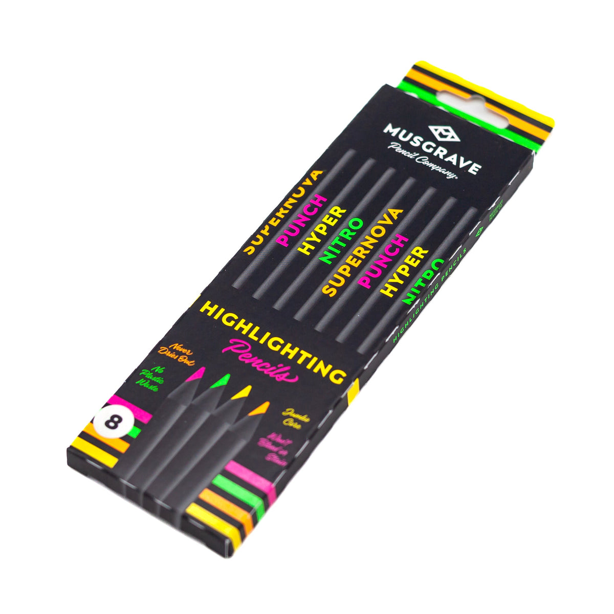 8-pack highlighting pencil set in retail sleeve with neon color tips shown