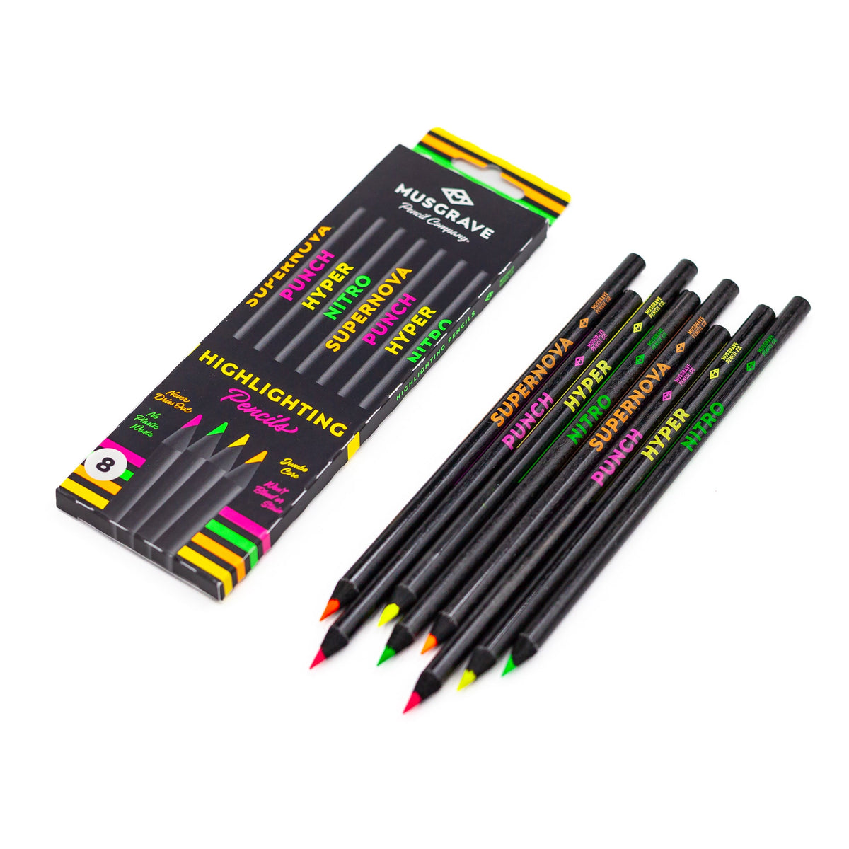 Set of 8 highlighting pencils with black barrels and multicolor chisel tips