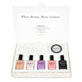 Nail polish set with five bottles and round nail polish lid, in open box