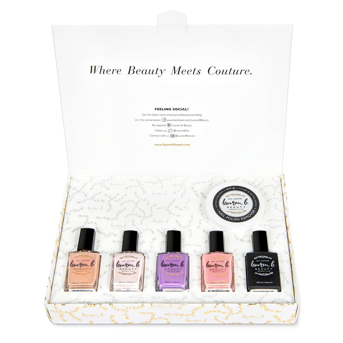 Nail polish set with five bottles and round nail polish lid, in open box