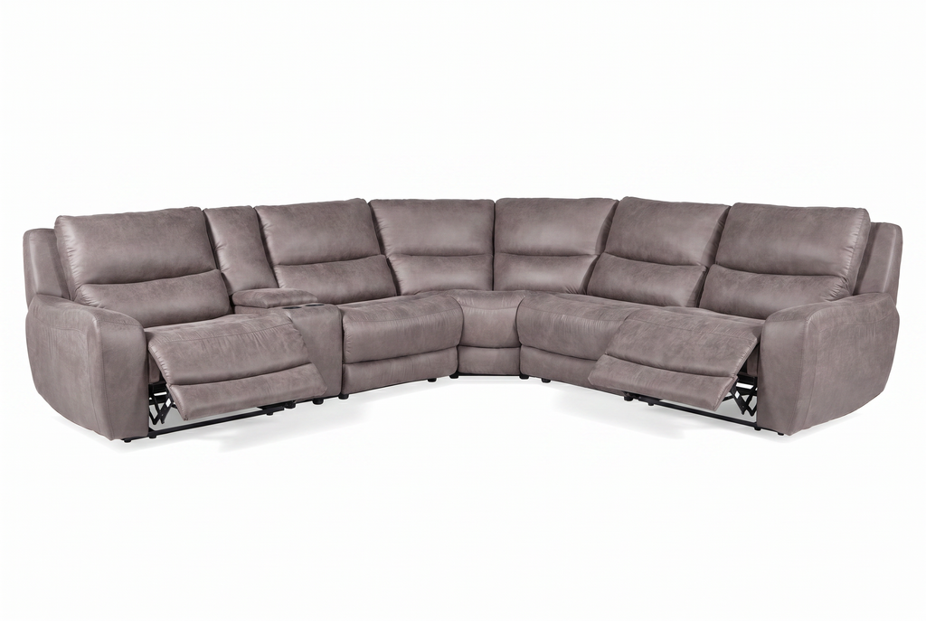 Gray reclining modular sectional sofa with storage console, viewed from above-left