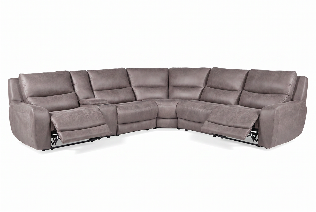Gray reclining modular sectional sofa with storage console, viewed from above-left
