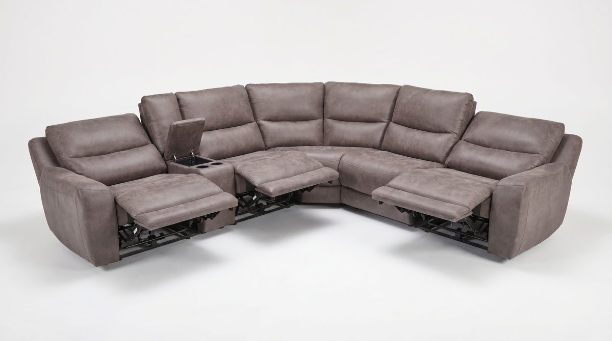Gray corner reclining sectional with pull-out footrests and clean-lined cushions