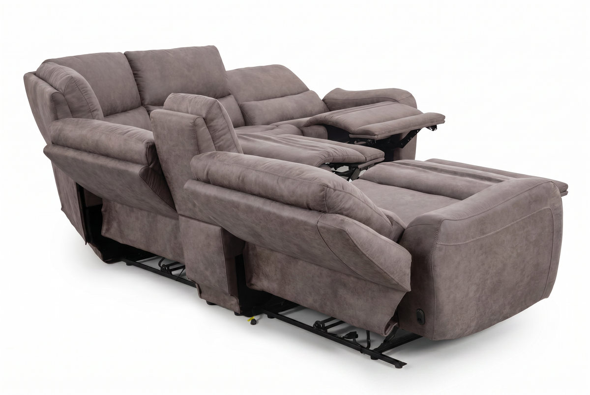 Gray sectional sofa with multiple reclined seats and exposed black recliner mechanisms