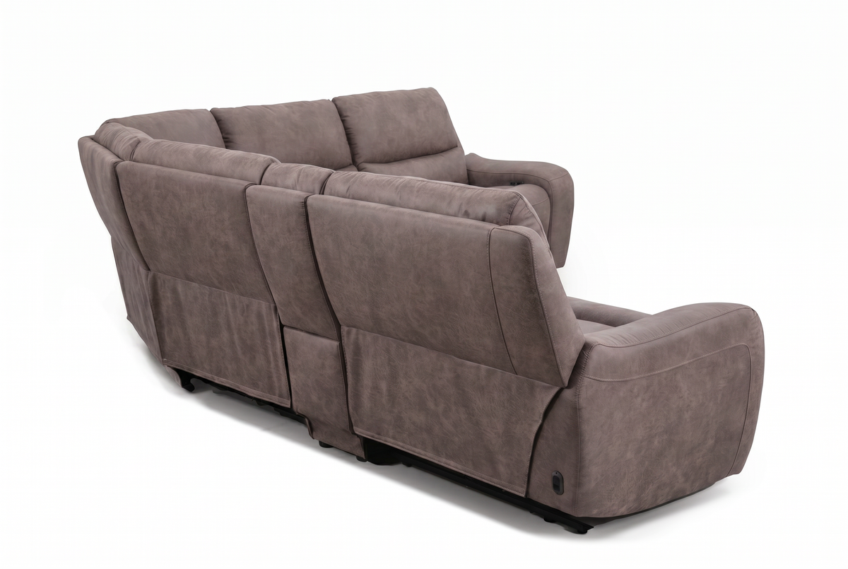 Gray reclining sectional with cushioned arm, extended leg rest, and thick back