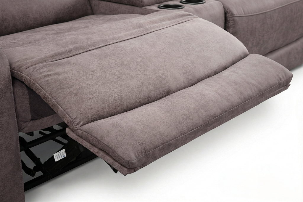 Gray chaise recliner with pull-out footrest and round cup holder on the side