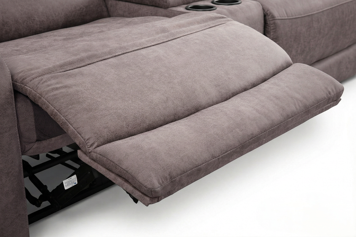 Gray chaise recliner with pull-out footrest and round cup holder on the side