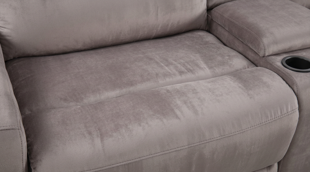 Gray cushioned seat with smooth upholstery and built-in cup holder opening
