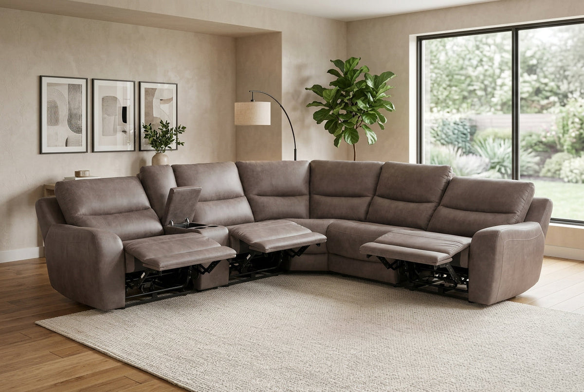 Gray modular sectional with power recliners and padded armrests