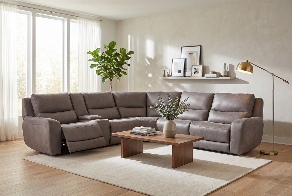 Slate gray sectional sofa with multiple reclining seats and curved backrest