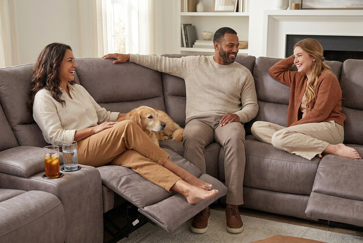 Gray reclining sectional sofa with wide chaise and armrest storage compartments