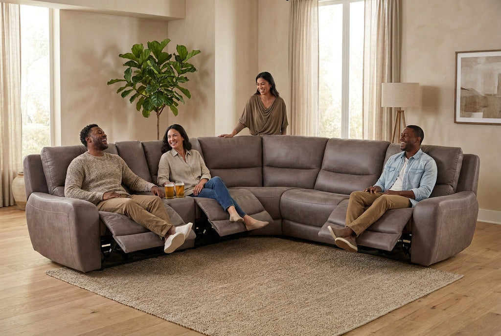Slate gray reclining sectional sofa seating group with low-profile arms