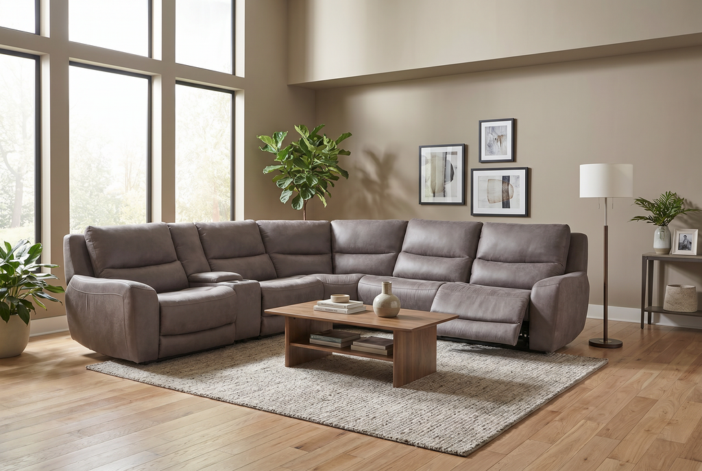 Gray reclining modular sectional with sectional chaise and wide corner seating