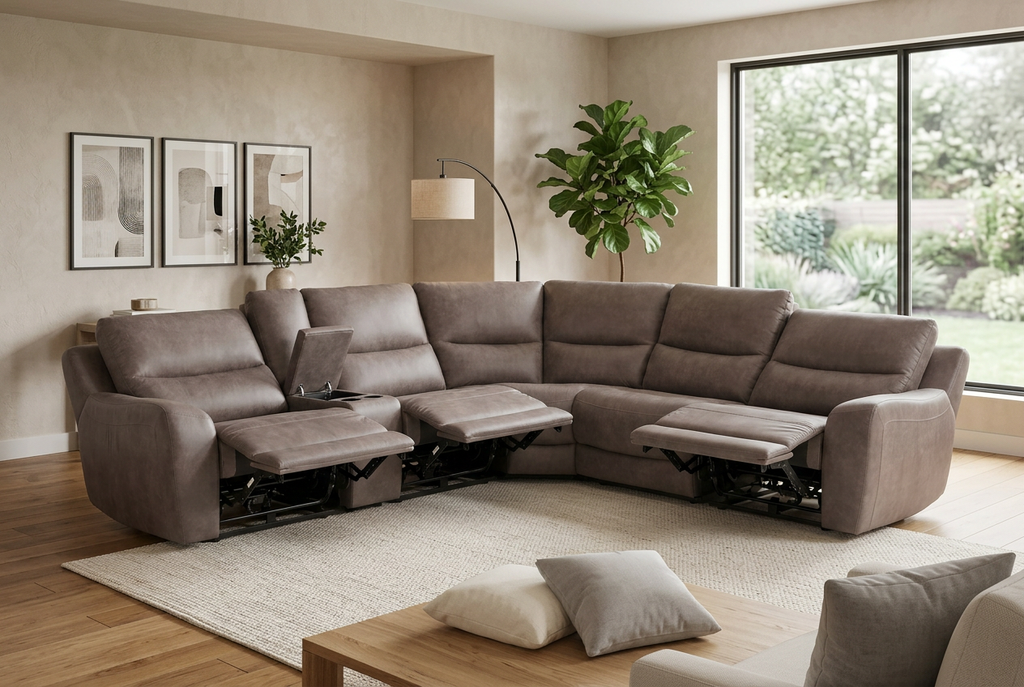 Gray reclining sectional sofa with extended footrests and cushioned back panels