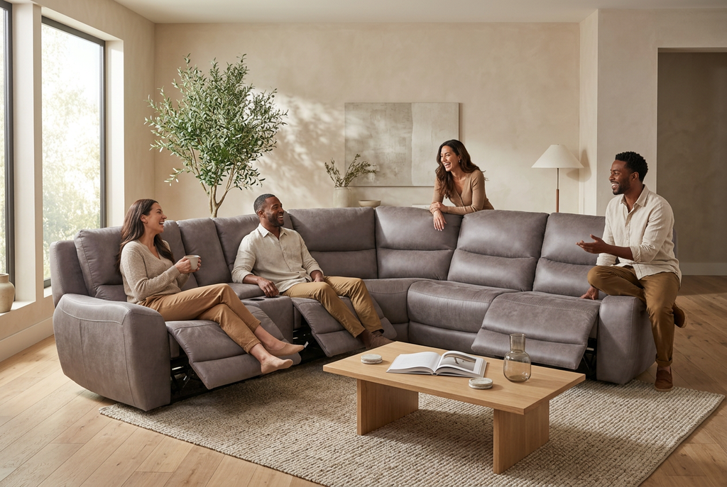 Gray modular reclining sectional sofa with multiple seating sections and plush cushions
