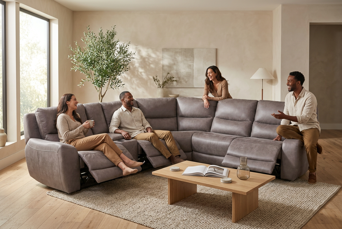 Gray modular reclining sectional sofa with multiple seating sections and plush cushions