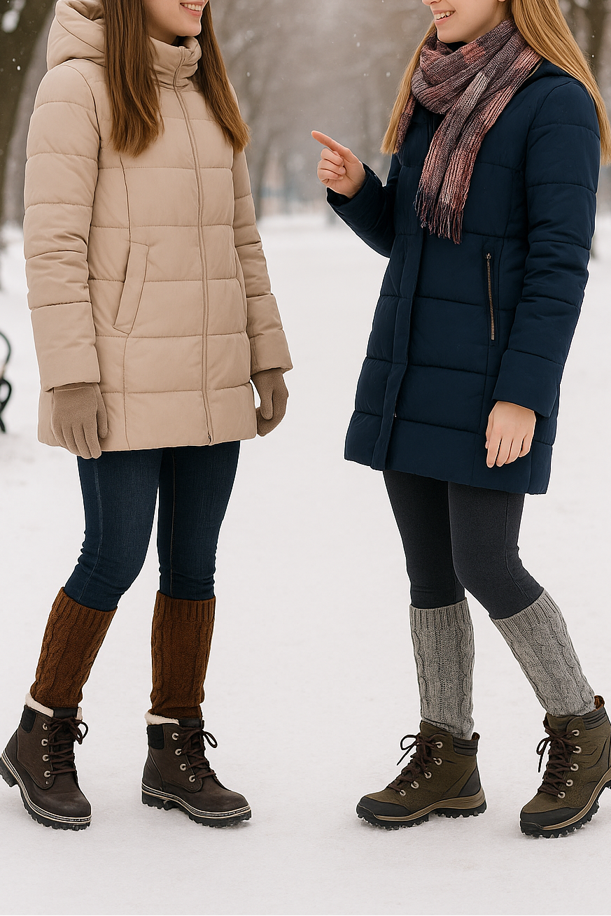 Winter coats worn with knit socks and lace-up boots