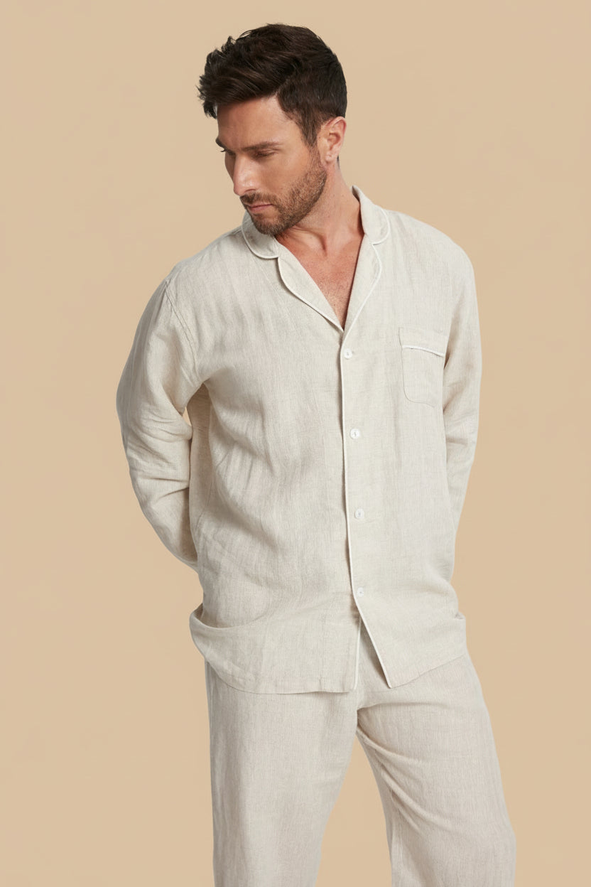 Natural hemp button-up pajama shirt with chest pocket, paired with matching pants