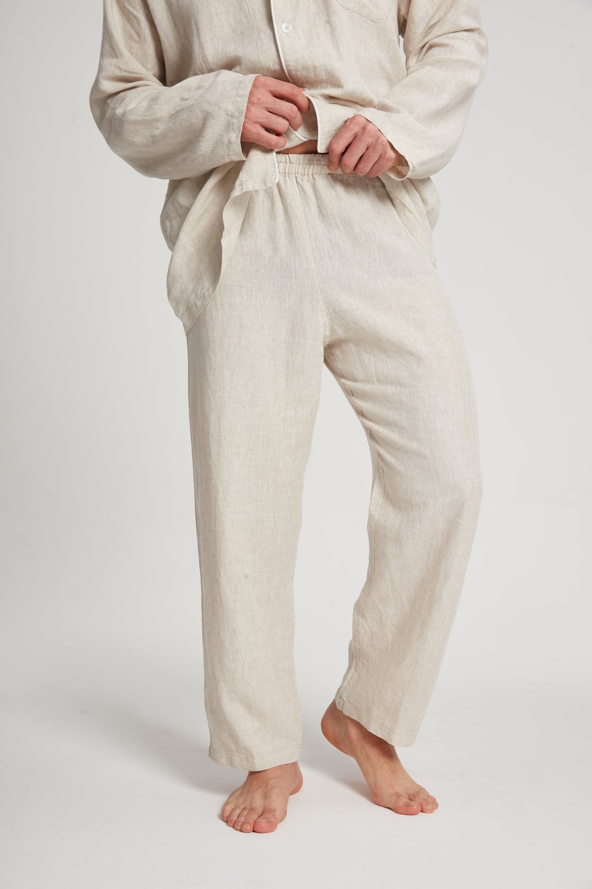 Natural hemp lounge pants with elastic waistband and ankle-length legs