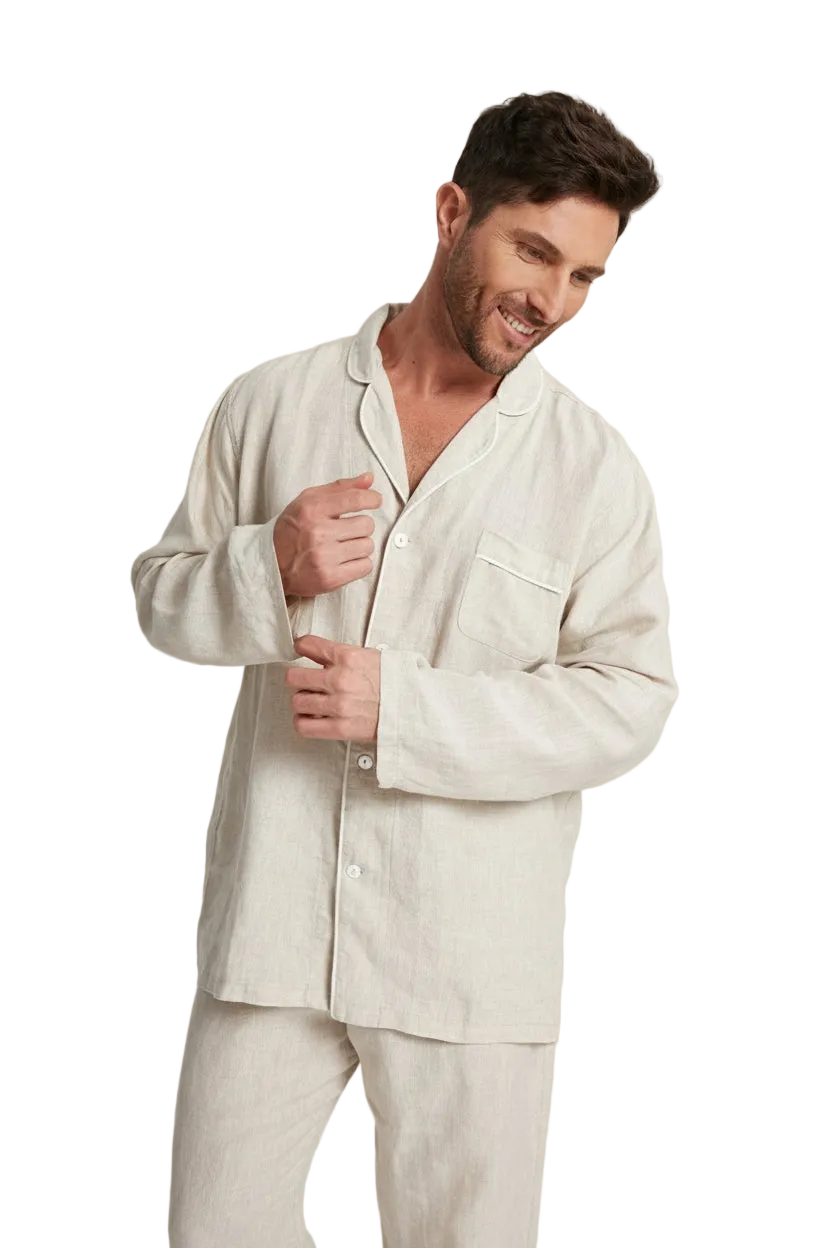 Natural hemp sleepwear set with long-sleeve button shirt and matching pants