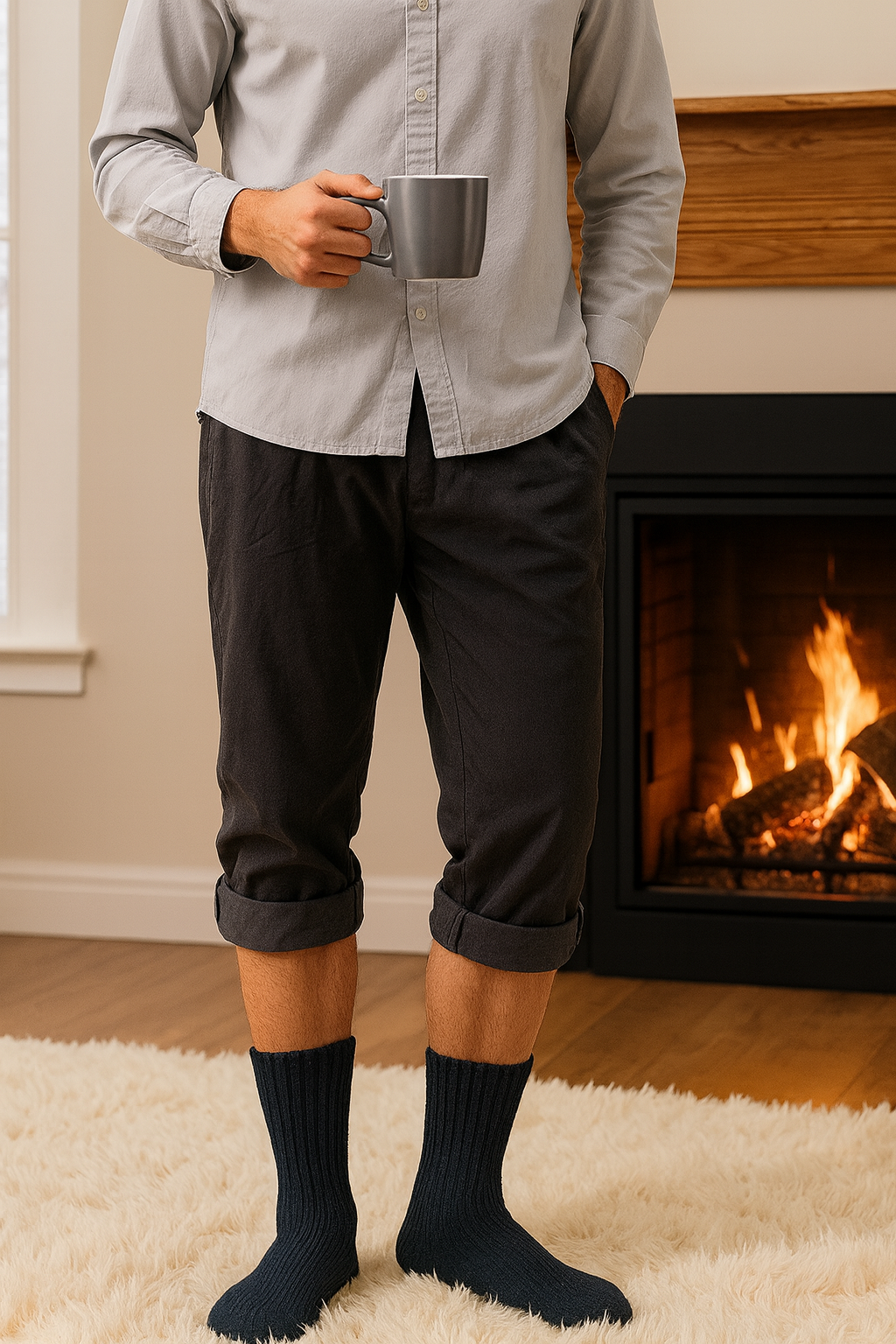 Dark crew socks on a standing man holding a mug by a fireplace