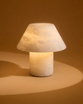 Beige table lamp with fabric cone shade and cylindrical base, soft ambient glow
