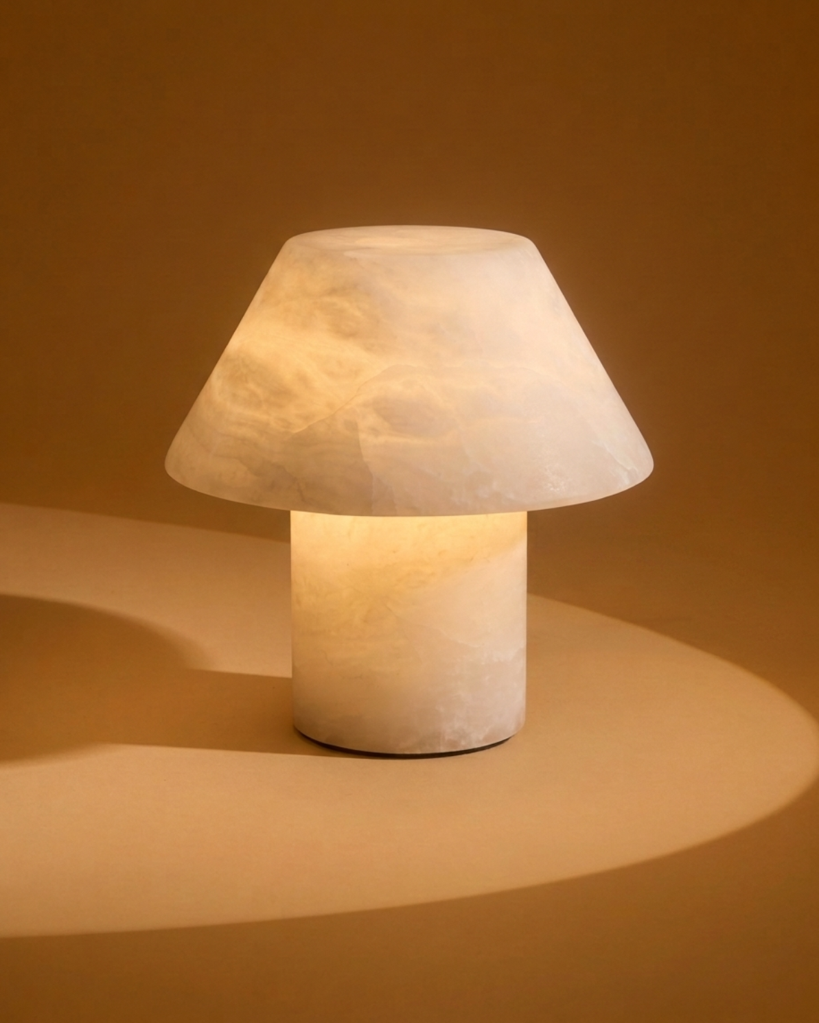 Beige table lamp with fabric cone shade and cylindrical base, soft ambient glow