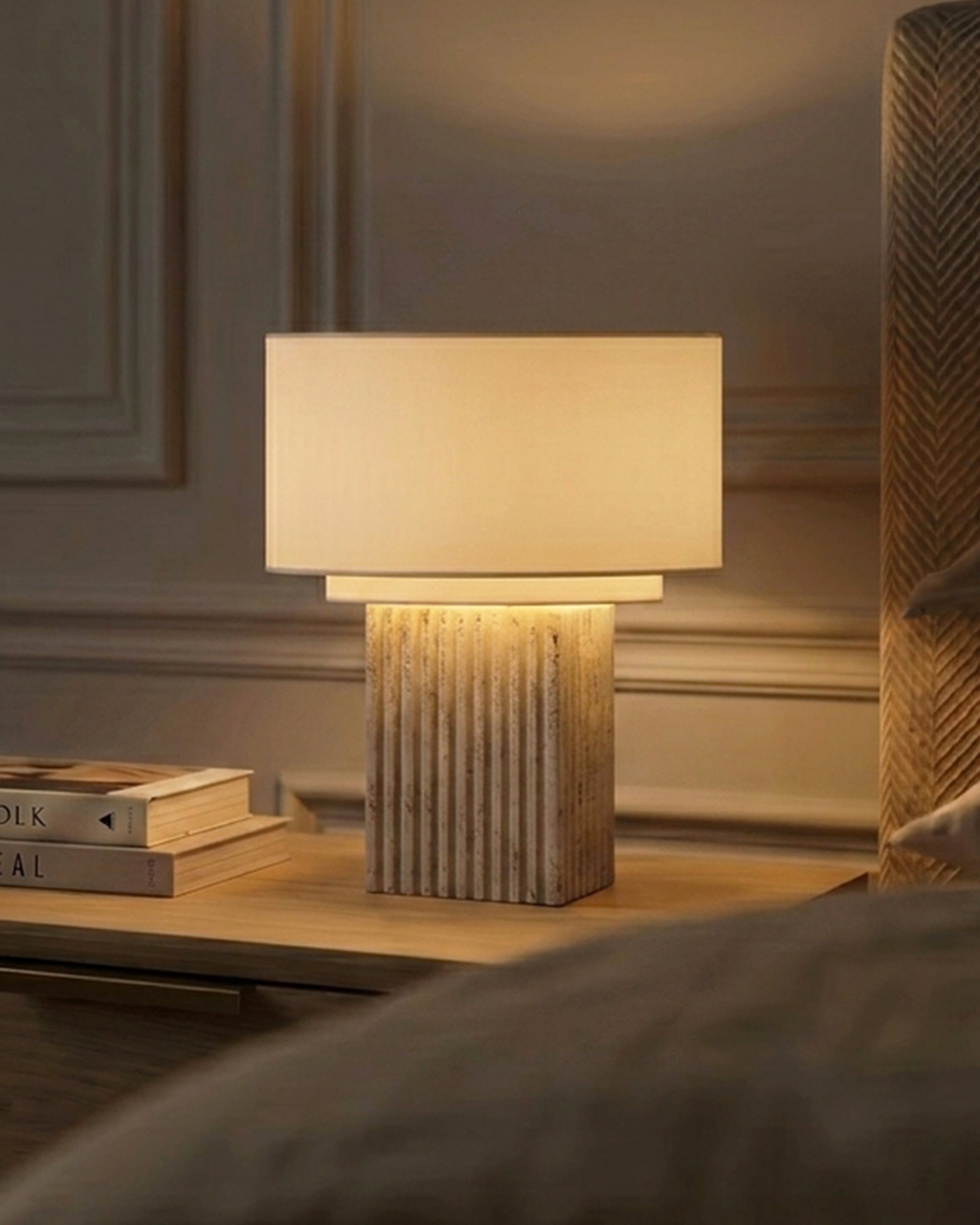 Table lamp with off-white rectangular shade and ribbed tan base