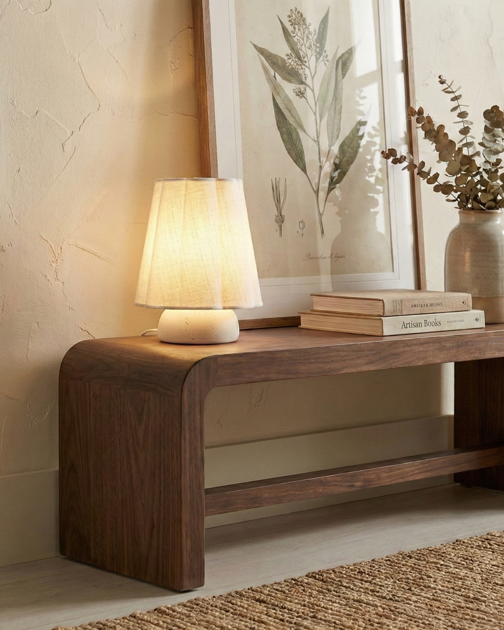 Kylie table lamp with off-white fabric drum shade and rounded white base